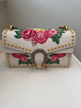 Gucci Dionysus Small Floral Embroidered Leather Studded Shoulder Bag Ivory